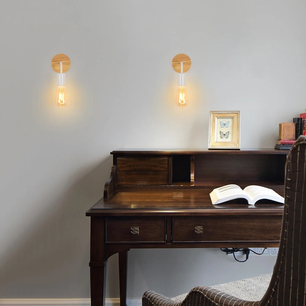Set van 4 Vintage Industriële Wandlampen – Zwart IJzer met Hout – E27 Fitting – Binnenverlichting voor Woonkamer, Gang en Eetkamer