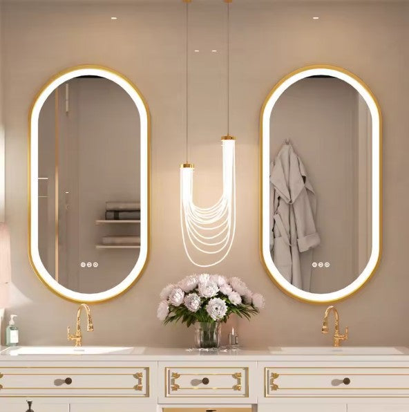 Ovale LED Badkamerspiegel met Gouden Frame – Dimbaar, Anticondens & Touchbediening – Luxe Spiegel met 3 Lichtkleuren en Geheugenfunctie