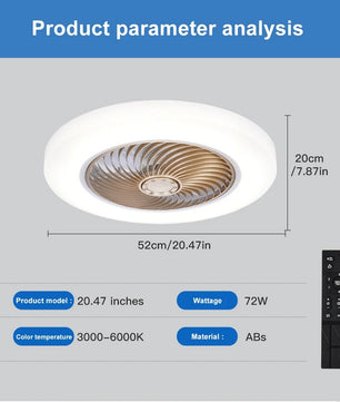 Slimme Plafondventilator met LED-Verlichting – 52 cm Ventilatorlamp met Onzichtbare Bladen, Afstandsbediening en Stille Werking voor Slaapkamer en Woonkamer