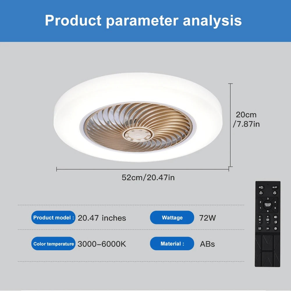Slimme Plafondventilator met LED-Verlichting – 52 cm Ventilatorlamp met Onzichtbare Bladen, Afstandsbediening en Stille Werking voor Slaapkamer en Woonkamer