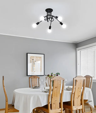 Moderne Zwarte Spoetnik Kroonluchter – 5-Lichts Plafondlamp met E27 Fittingen in Mid-Century Stijl