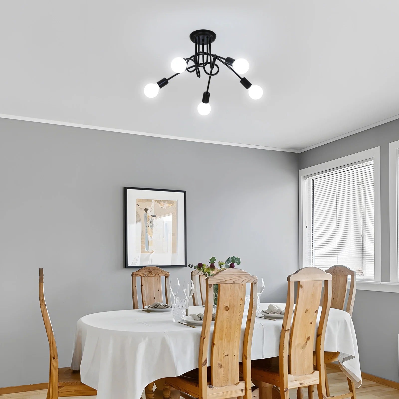 Moderne Zwarte Spoetnik Kroonluchter – 5-Lichts Plafondlamp met E27 Fittingen in Mid-Century Stijl