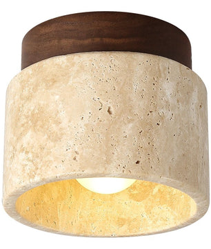 Japanse Stijl LED Plafondlamp – Ronde Opbouwlamp van Steen en Hout – Minimalistische LED Binnenverlichting voor Woonkamer en Gang