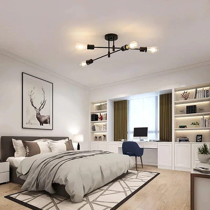 Vintage Zwarte Plafondlamp – 4-lichts Retro Kroonluchter van Metaal met E27 Fitting – Nieuw Klassiek Design voor Woonkamer & Eetkamer