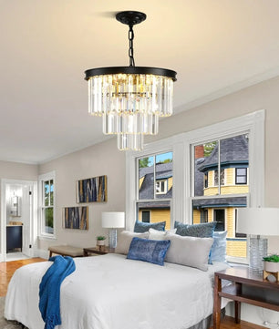 Moderne Zwarte Kristallen Kroonluchter – 3-Laags Ronde Hanglamp met Verstelbare Ketting en E14 Fitting