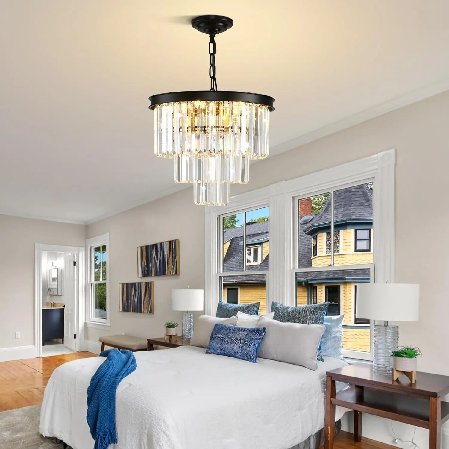 Moderne Zwarte Kristallen Kroonluchter – 3-Laags Ronde Hanglamp met Verstelbare Ketting en E14 Fitting