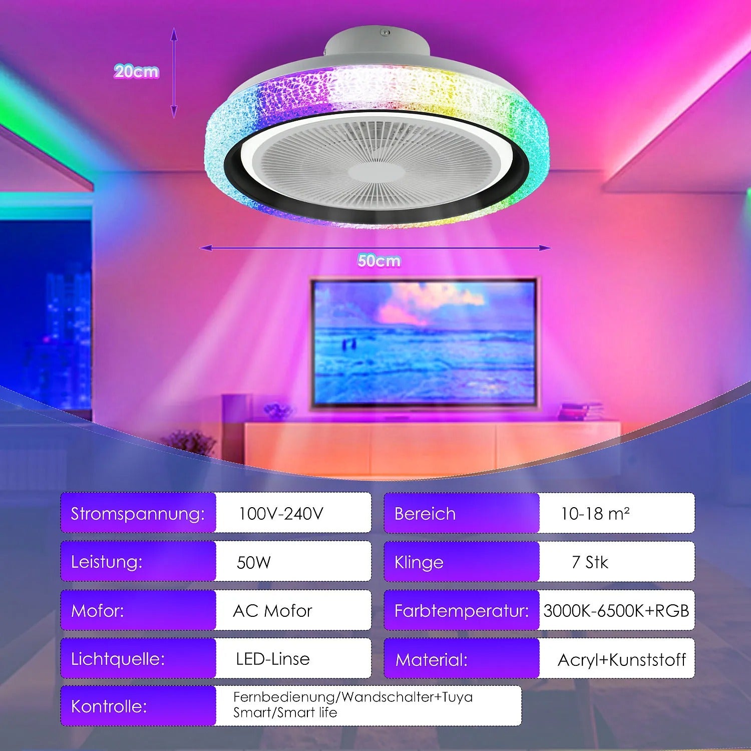 50W Bluetooth LED Plafondventilator met RGB Verlichting en Muziekfunctie – Dimbare Ventilatorlamp met Speaker, App en Afstandsbediening voor Woonkamer en Slaapkamer