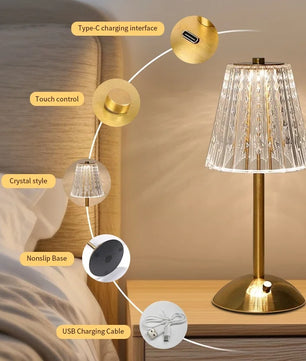 Kristallen LED Tafellamp – Oplaadbare Dimbare Nachtlamp en Boeklicht voor Sfeerverlichting en Decor