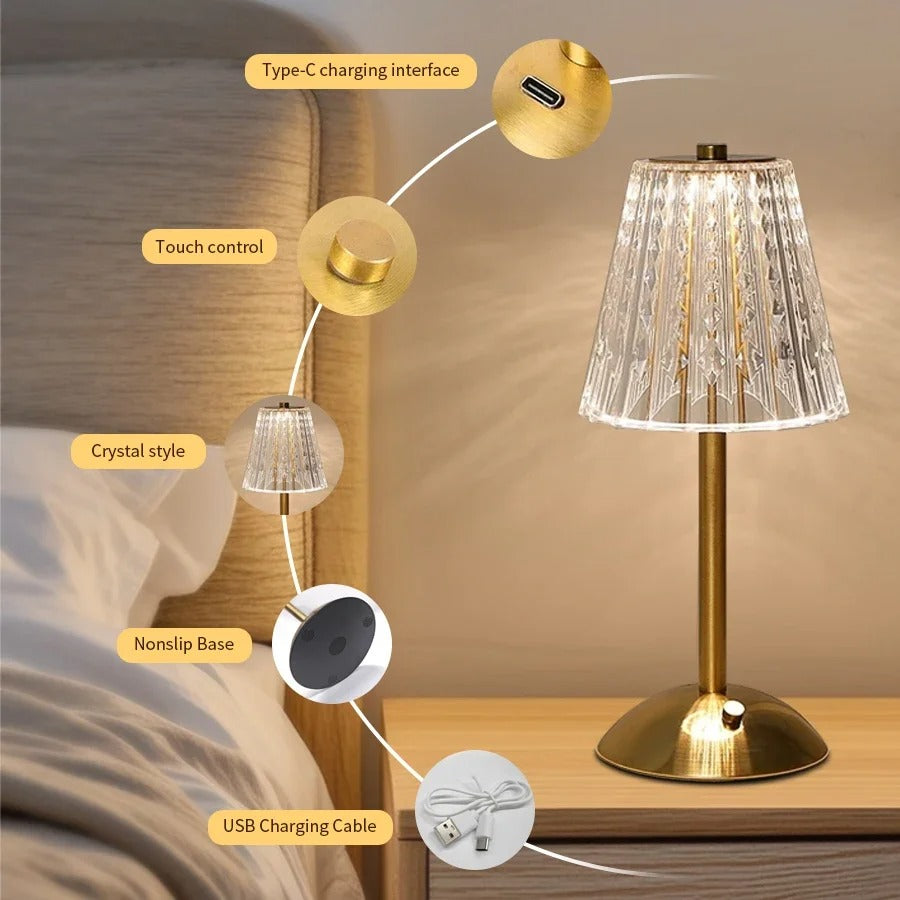 Kristallen LED Tafellamp – Oplaadbare Dimbare Nachtlamp en Boeklicht voor Sfeerverlichting en Decor