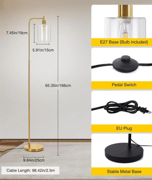Moderne Industriële Vloerlamp met Glazen Kap – Dimbare LED Staande Lamp E27 met Afstandsbediening en Voetschakelaar – Sfeerverlichting voor Woonkamer en Slaapkamer