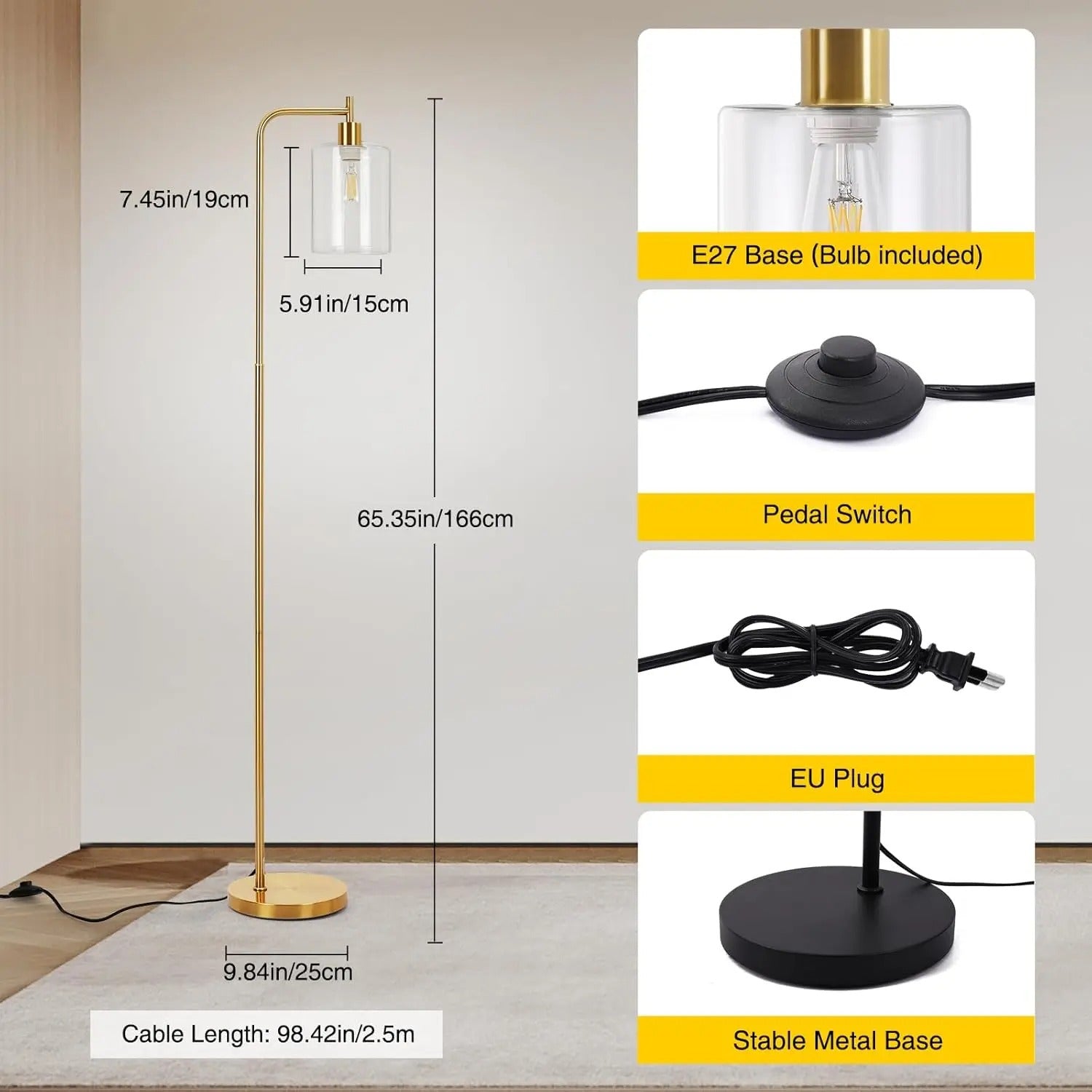 Moderne Industriële Vloerlamp met Glazen Kap – Dimbare LED Staande Lamp E27 met Afstandsbediening en Voetschakelaar – Sfeerverlichting voor Woonkamer en Slaapkamer