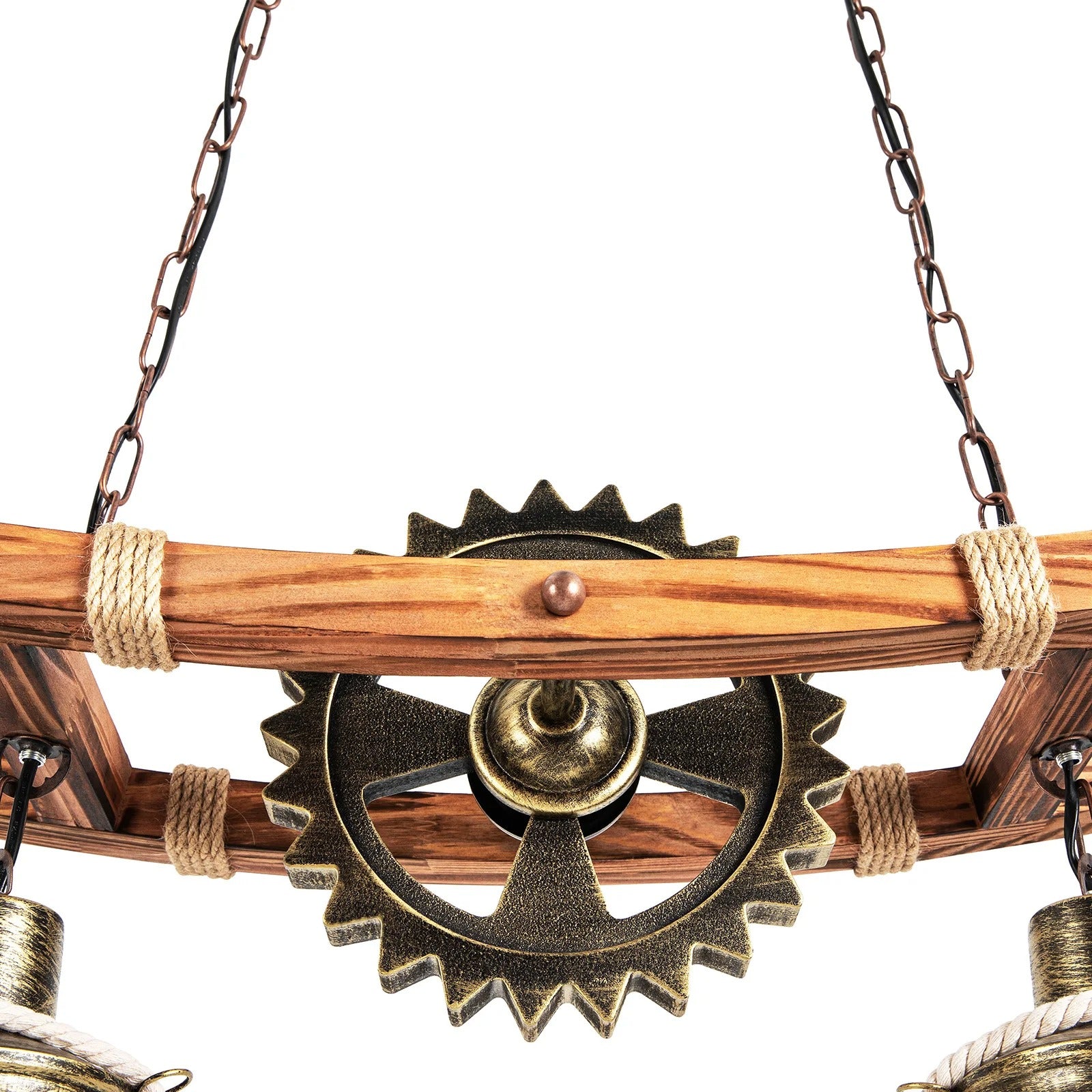 Vintage 2-Lichts Hanglamp – Houten Kroonluchter met Tandwiel Design – Rustieke Industriële Plafondlamp met E27 Fittingen