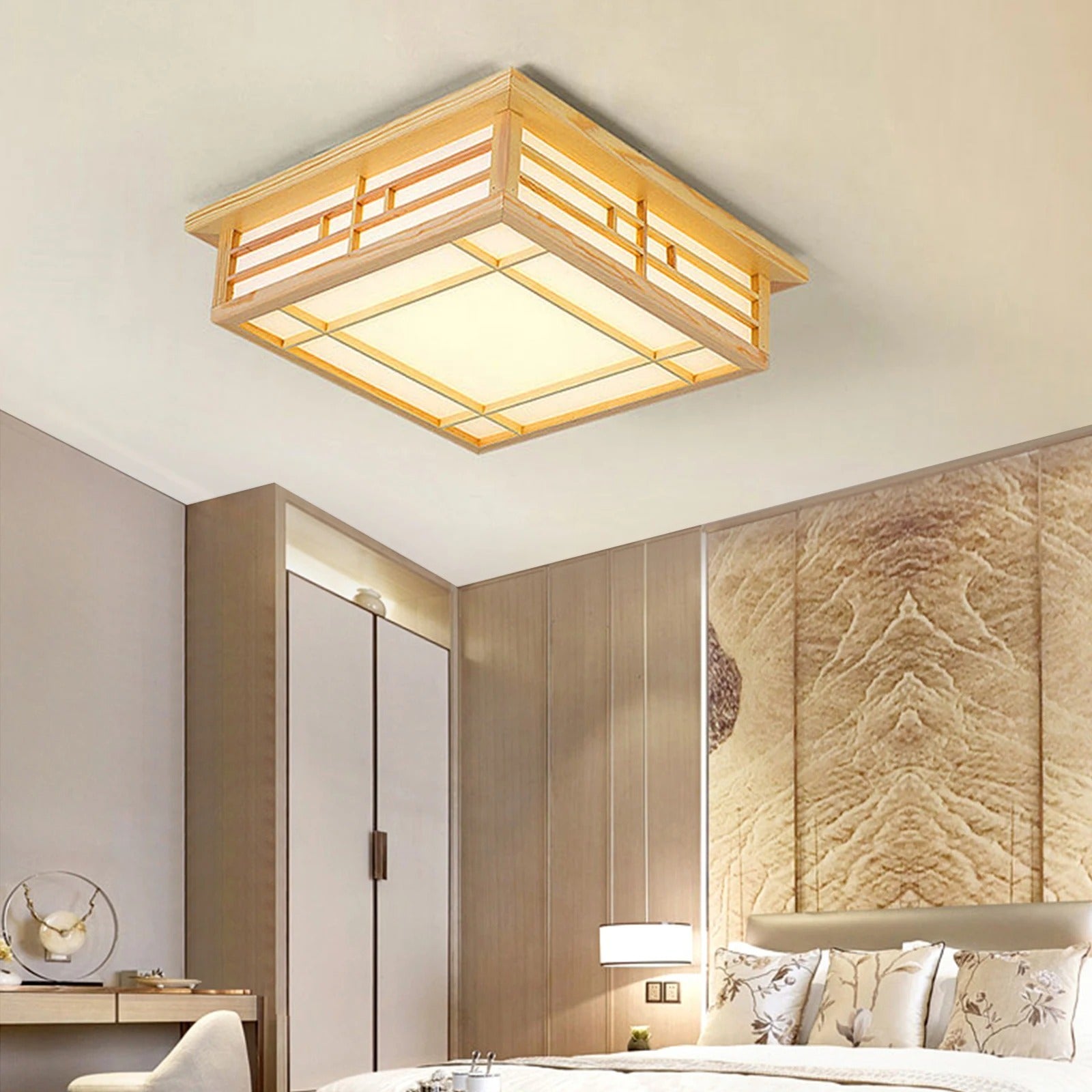 Plafondlamp met Grenenhout en PVC Kap – Vierkant Design – 16W LED Warm Wit 3500K voor Woonkamer, Slaapkamer en Eetkamer