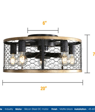 Moderne Plafondventilator met Licht – 20 Inch Zwarte Cage Ventilator met 6 Snelheden, Stille DC-Motor, Omkeerfunctie en Afstandsbediening voor Binnen en Overdekt Buiten