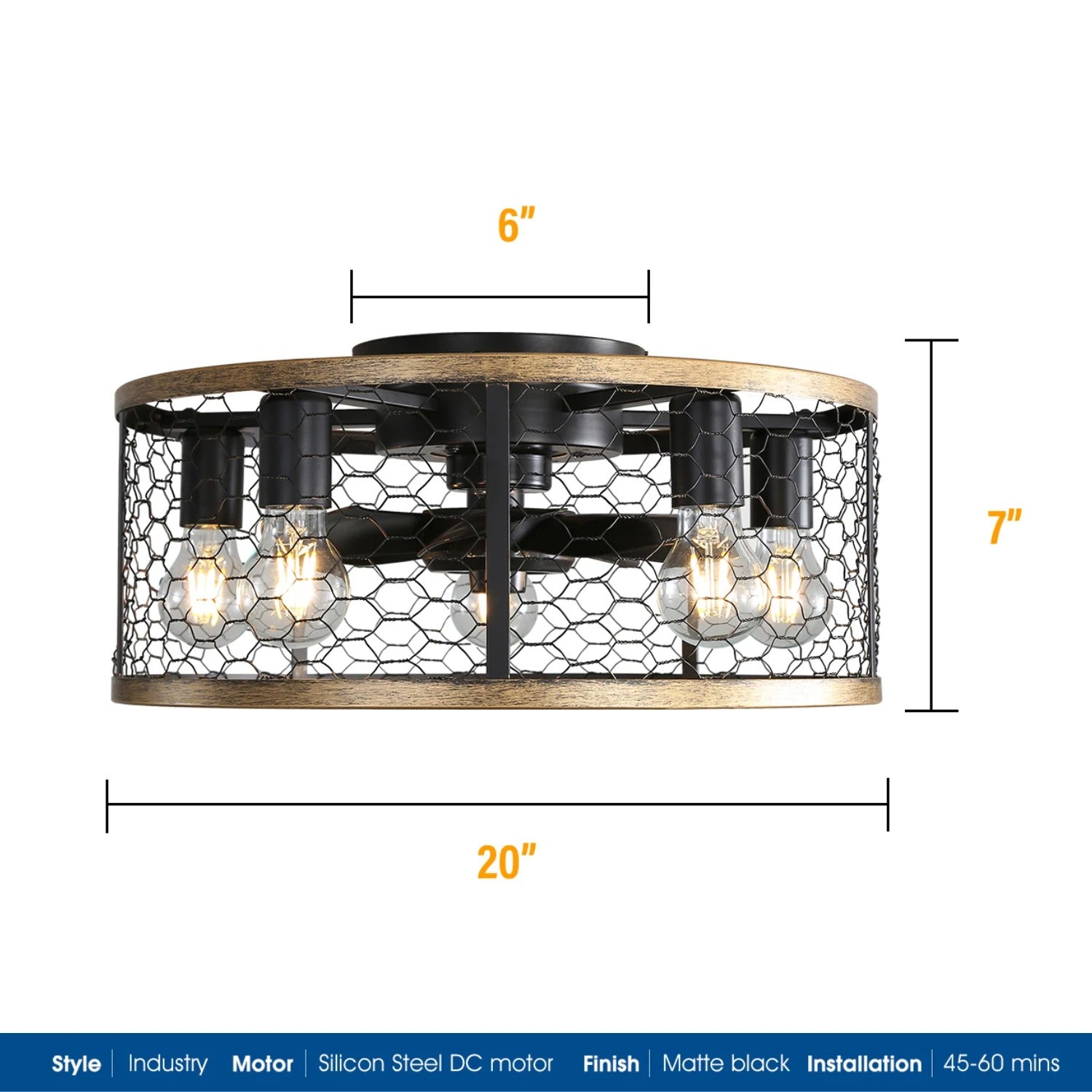 Moderne Plafondventilator met Licht – 20 Inch Zwarte Cage Ventilator met 6 Snelheden, Stille DC-Motor, Omkeerfunctie en Afstandsbediening voor Binnen en Overdekt Buiten