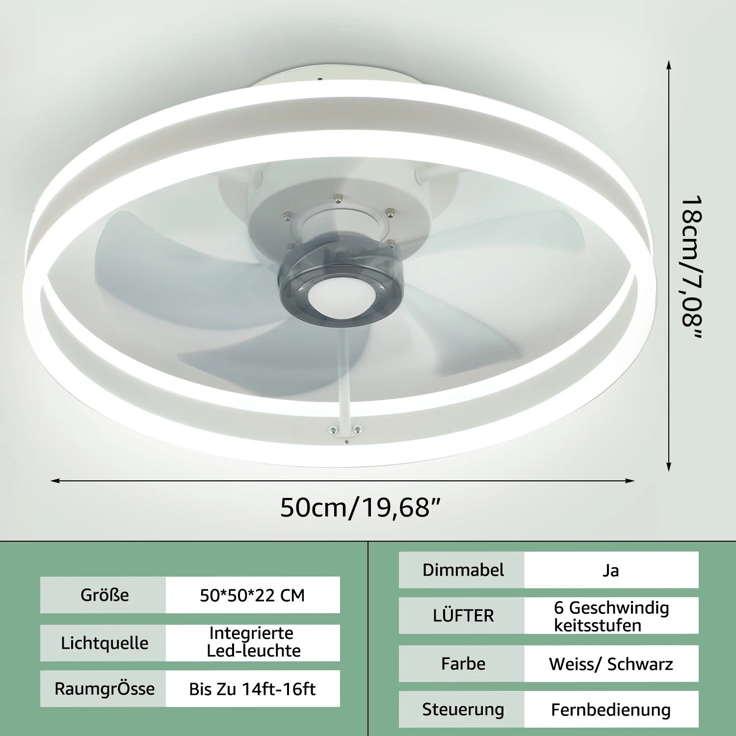 Plafondventilator met LED-Verlichting – 50W Stille 2-in-1 Ventilatorlamp van 50 cm met Dimbaar Licht, 6 Snelheden en Afstandsbediening voor Woonkamer en Slaapkamer