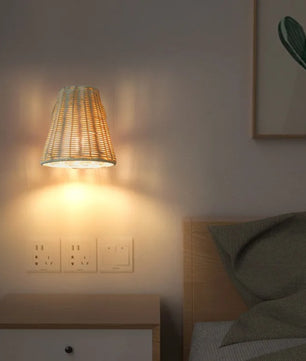 Retro Rotan Wandlamp – Handgeweven Bohemian Wandverlichting met Schakelaar en LED