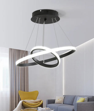 2-Ring Zwarte Hanglamp – Moderne LED Plafondlamp van Aluminium met Dubbele Ronde Ringen – 27W Koud Wit Licht 6500K voor Woonkamer en Eetkamer