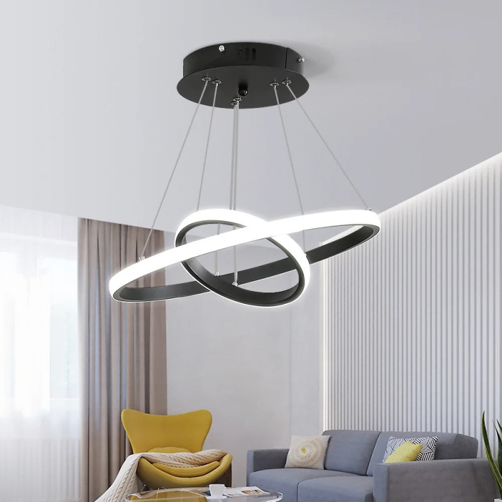 2-Ring Zwarte Hanglamp – Moderne LED Plafondlamp van Aluminium met Dubbele Ronde Ringen – 27W Koud Wit Licht 6500K voor Woonkamer en Eetkamer