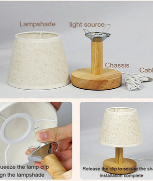 Stoffen Tafellamp met Houten Basis – LED Sfeerlamp in Japans Design met 3 Lichtkleuren voor Slaapkamer en Woonkamer
