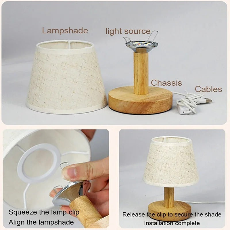 Stoffen Tafellamp met Houten Basis – LED Sfeerlamp in Japans Design met 3 Lichtkleuren voor Slaapkamer en Woonkamer