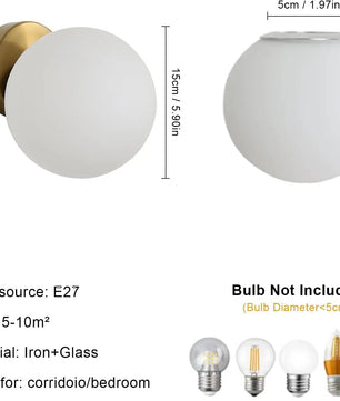 Moderne Wand- en Plafondlamp met Glazen Bol – E27 Fitting – Wit Mat Glas met Gouden Metalen Basis – Tijdloze Binnenverlichting