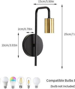 Set van 2 Vintage Wandlampen – Industriële Retro Wandspots van Gesmeed Staal met E27 Fitting – Zwart met Gouden Accent