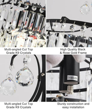 Kristallen Ronde Kroonluchter – Zwart Antiek Modern Design met K9 Kristallen – Dimbare Semi-Flush Plafondlamp voor Woonkamer en Eetkamer