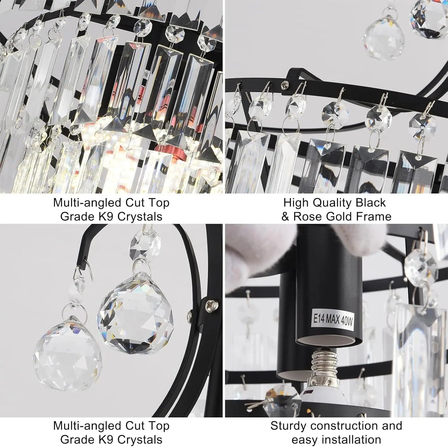 Kristallen Ronde Kroonluchter – Zwart Antiek Modern Design met K9 Kristallen – Dimbare Semi-Flush Plafondlamp voor Woonkamer en Eetkamer