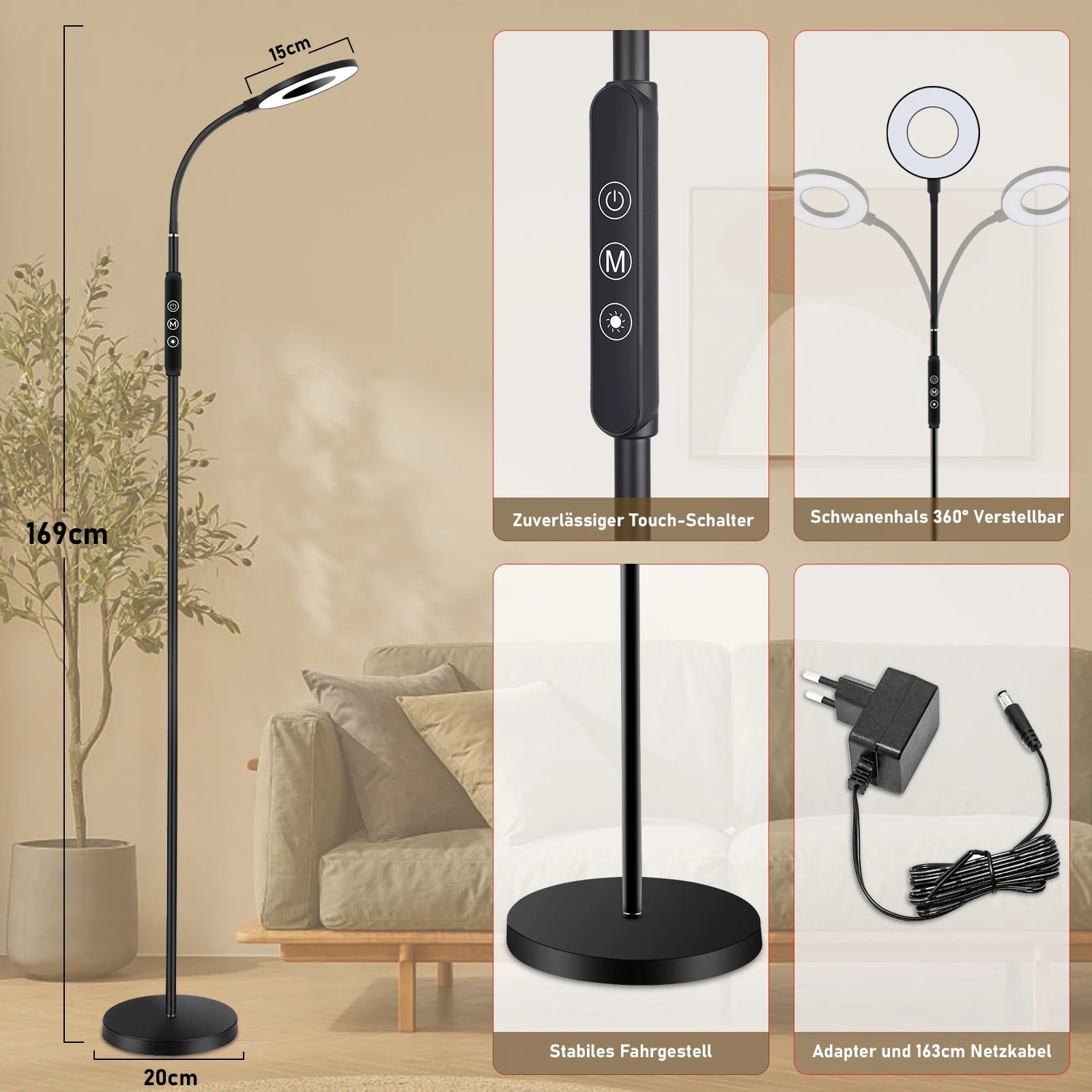 Multifunctionele Dimbare LED Vloerlamp – 360° Verstelbaar – 1800K-6000K – Nachtlamp, Timer & Geheugenfunctie