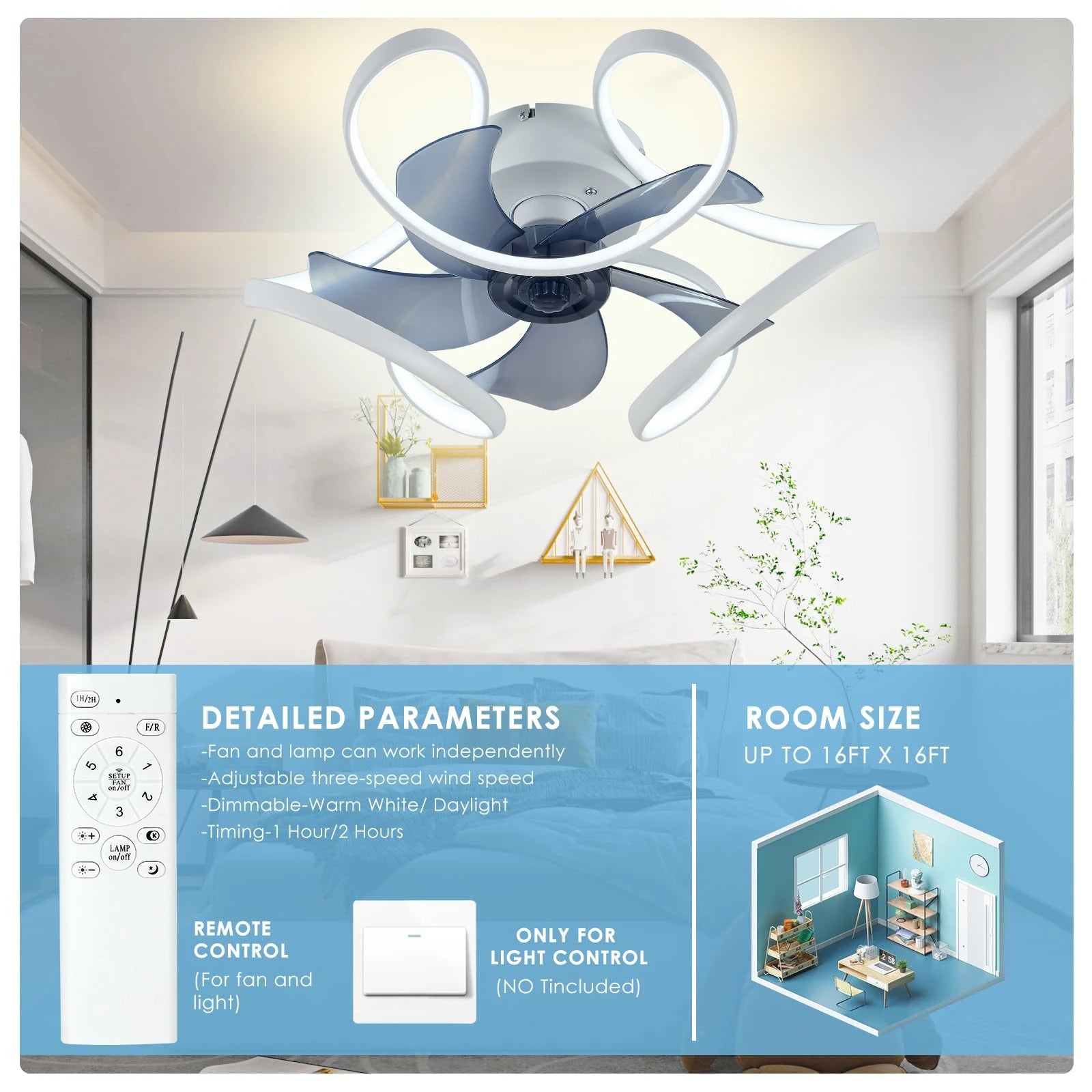 Nordic Smart Plafondventilator met LED – Scandinavisch Geometrisch Design met APP en Afstandsbediening, 6 Snelheden en Stille DC-Motor voor Woonkamer en Slaapkamer