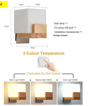 Houten Wandlamp – Moderne Vierkante Wandverlichting – G9 LED Dimbaar – Warm tot Koel Wit 3000K 4500K 6500K – Binnenlamp voor Hal en Woonkamer