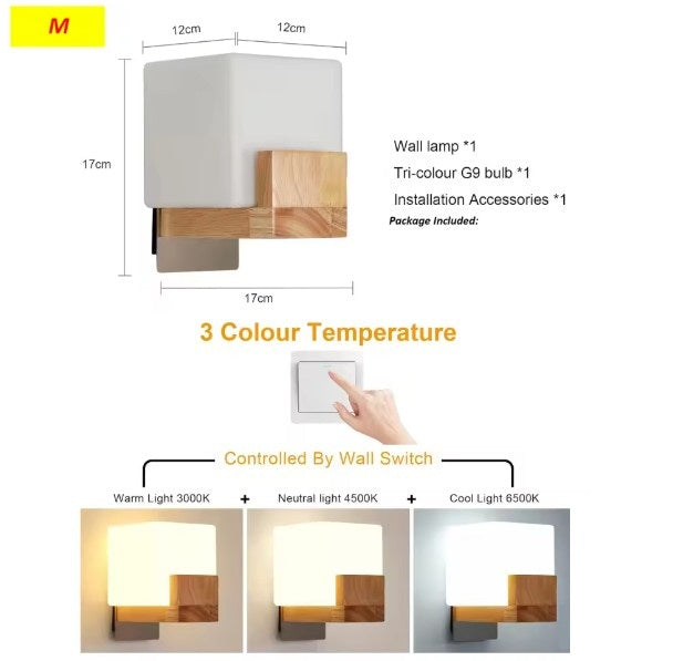 Houten Wandlamp – Moderne Vierkante Wandverlichting – G9 LED Dimbaar – Warm tot Koel Wit 3000K 4500K 6500K – Binnenlamp voor Hal en Woonkamer