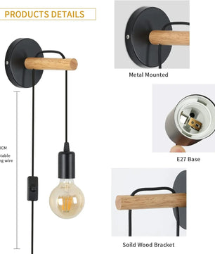 Vintage Industriële Wandlamp met Houten Arm – E27 Fitting met Schakelaar en Stekker – Plug-in Wandverlichting voor Slaapkamer, Hal en Woonkamer