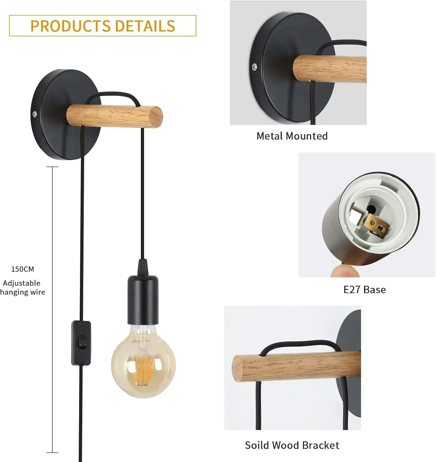 Vintage Industriële Wandlamp met Houten Arm – E27 Fitting met Schakelaar en Stekker – Plug-in Wandverlichting voor Slaapkamer, Hal en Woonkamer