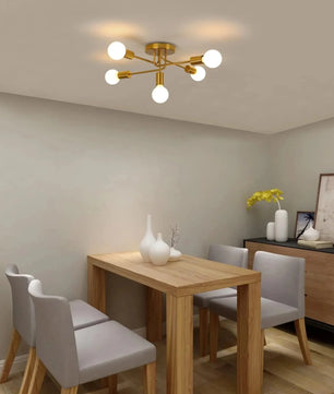 Retro Industriële Plafondlamp Goud – 5-Lichts Metalen Kroonluchter met E27 Fittingen voor Woonkamer en Keuken