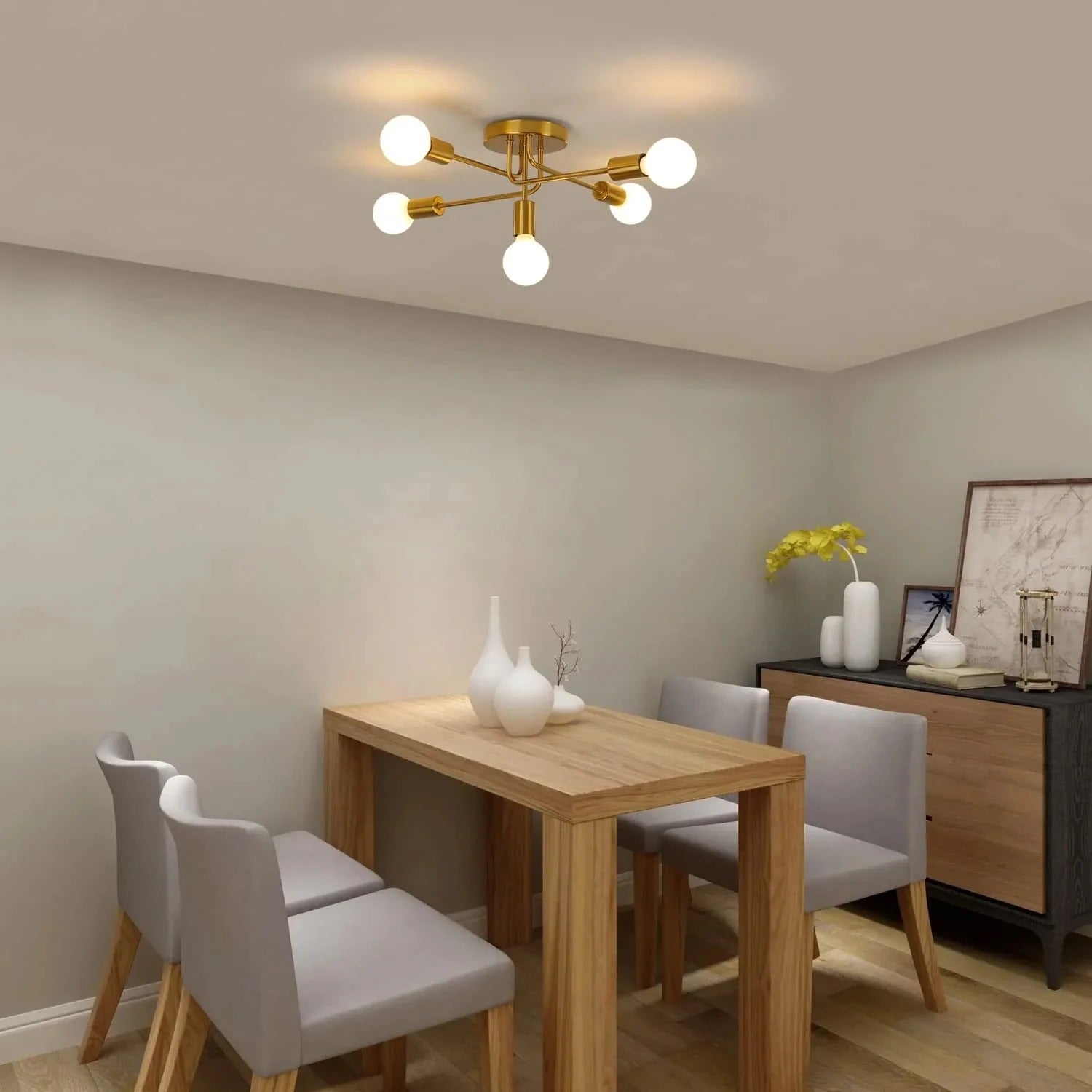 Retro Industriële Plafondlamp Goud – 5-Lichts Metalen Kroonluchter met E27 Fittingen voor Woonkamer en Keuken