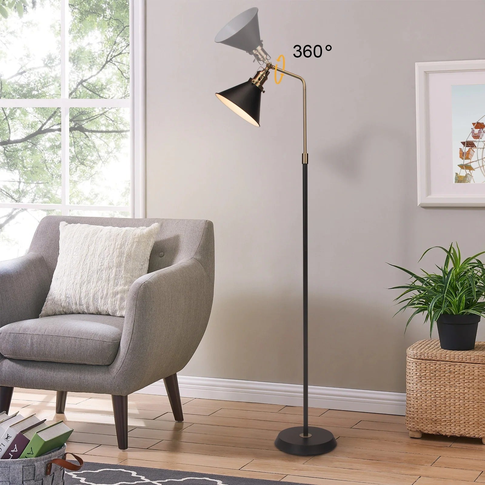 Industriële Vloerlamp Zwart met Goud – Vintage Staande Lamp met Draaibare Kop – E27 Verlichting voor Woonkamer en Leeshoek