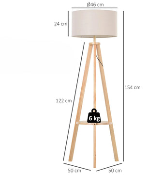 Houten Vloerlamp met Stoffen Kap en Tripod Basis – Staande Lamp met Plank – Modern Design 154 cm voor Woonkamer en Slaapkamer