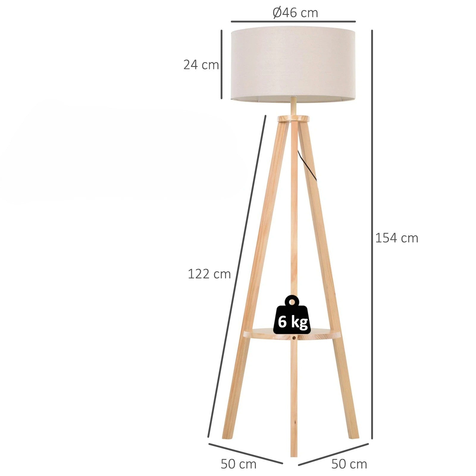 Houten Vloerlamp met Stoffen Kap en Tripod Basis – Staande Lamp met Plank – Modern Design 154 cm voor Woonkamer en Slaapkamer