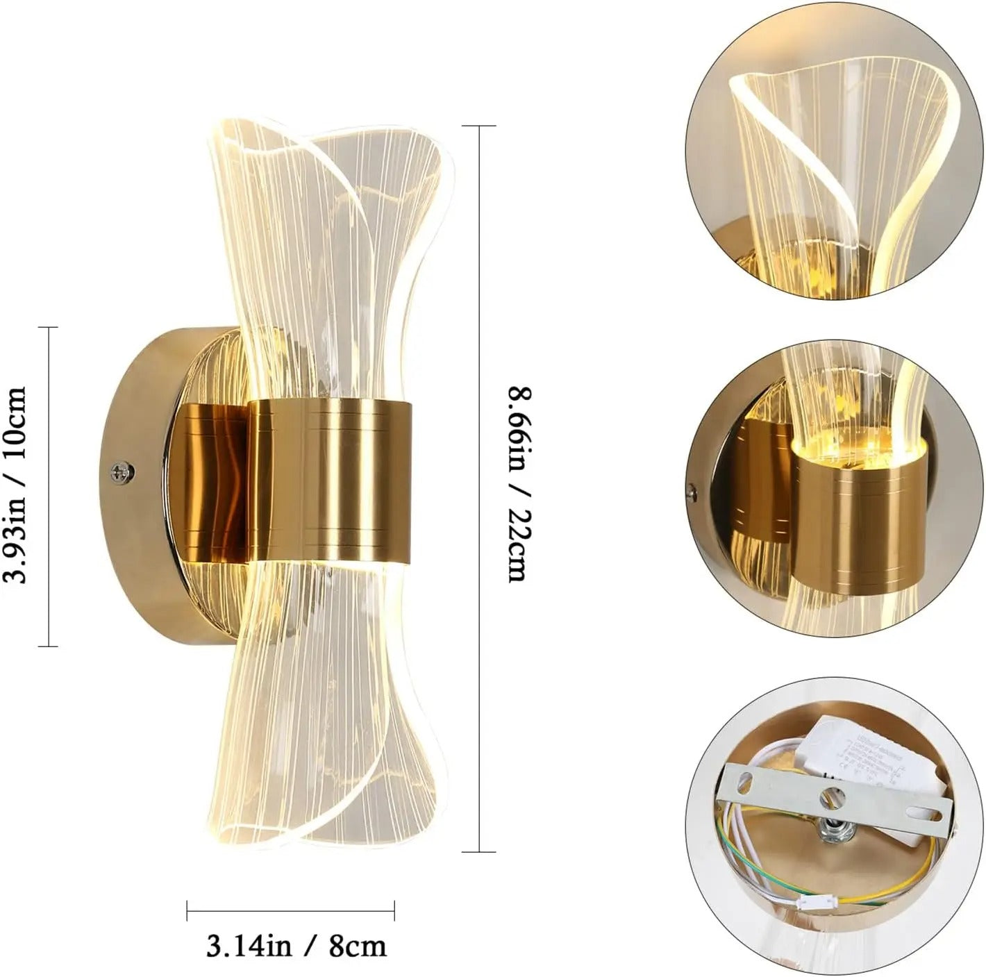 Gouden Acryl LED Wandlamp – 12W met 3 Kleurtemperaturen – Luxe Modern Design voor Hal en Trap