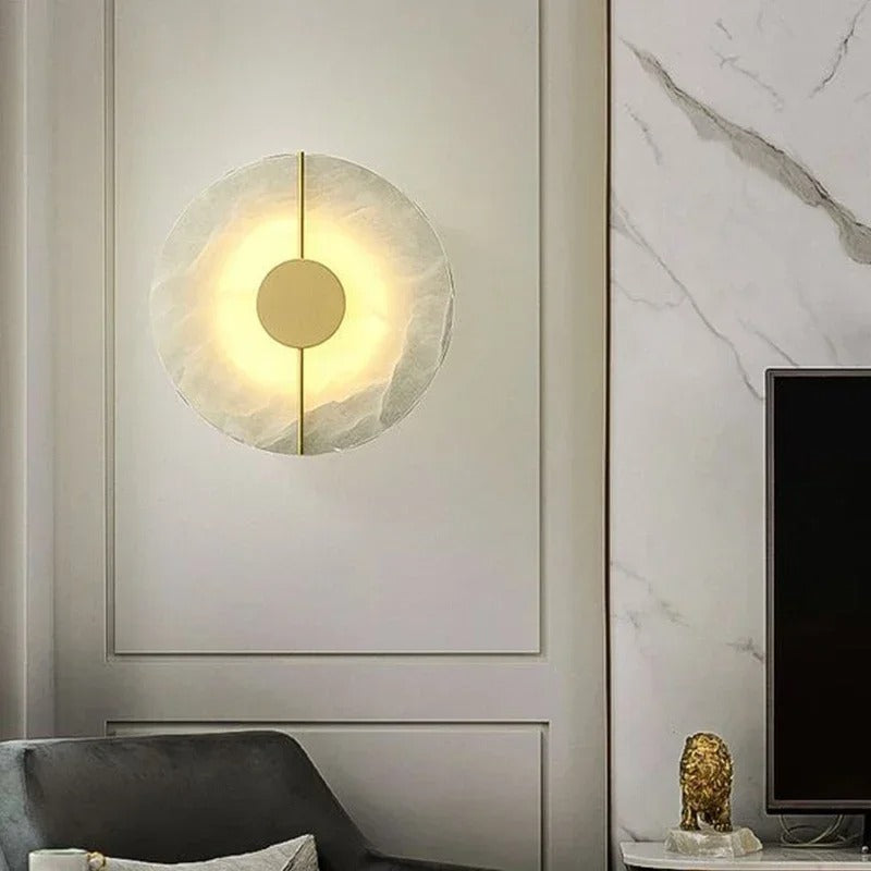 Moderne Marmeren LED Wandlamp – Ronde Albast Wandverlichting met Goud of Koper voor Woonkamer en Slaapkamer