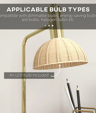 Tafellamp met Rotan Kap – Sfeervolle Nachtlamp met E14 Fitting, Warm LED Licht en Bronzen Frame