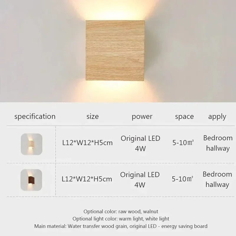 Nordic Houten LED Wandlamp – Vierkante Scandinavische Wandverlichting voor Slaapkamer en Hal
