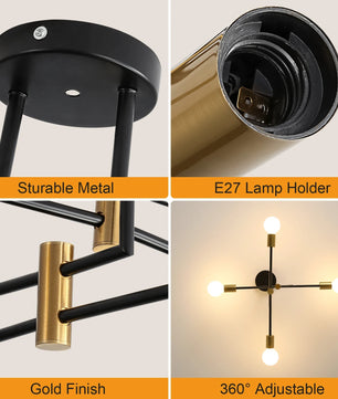 Industriële Kroonluchter Sputnik Ø70 cm – Vintage Plafondlamp 4-Lichts – Metaal Zwart met Goudaccenten – E27