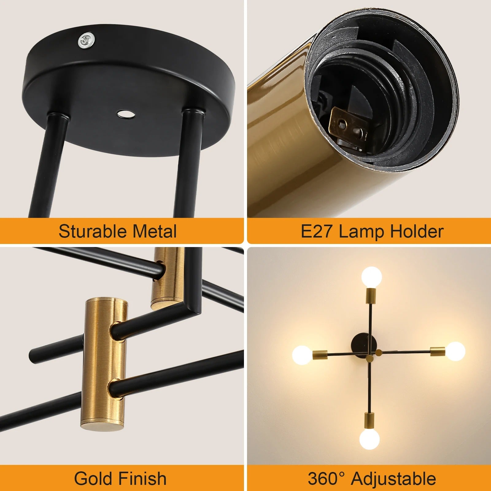 Industriële Kroonluchter Sputnik Ø70 cm – Vintage Plafondlamp 4-Lichts – Metaal Zwart met Goudaccenten – E27