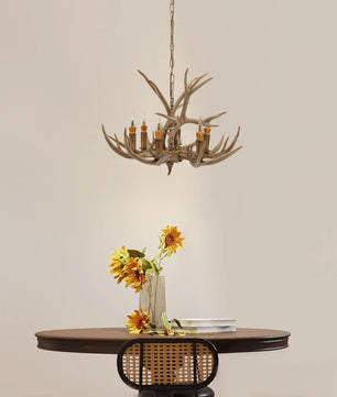 Vintage Gewei Kroonluchter – Retro Plafondlamp met 6× E14 Fittingen en Verstelbare Ophanging