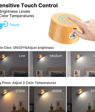 Houten LED Wandlamp – Draadloos Oplaadbaar met Touch Dimming en 360° Draaibare Kop
