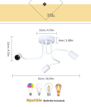 Industriële Plafondlamp Wit – Retro Metalen Kroonluchter met 3× E27 Fittingen voor Woonkamer en Eetkamer