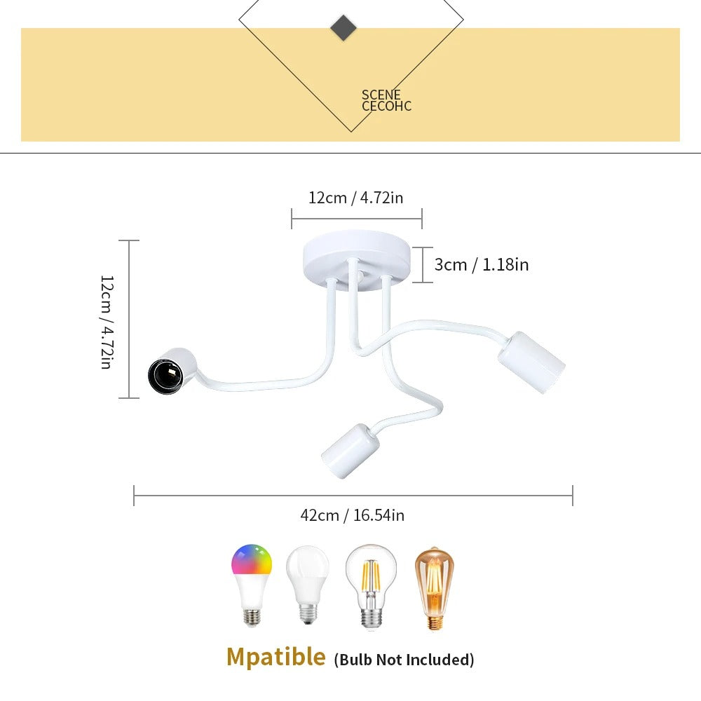 Industriële Plafondlamp Wit – Retro Metalen Kroonluchter met 3× E27 Fittingen voor Woonkamer en Eetkamer